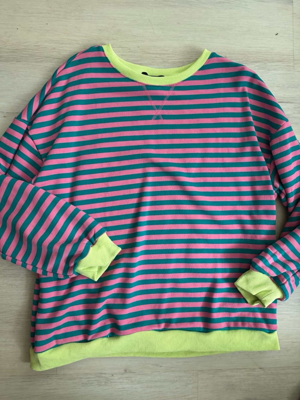 Striped Pink & Teal Crewneck Sweatshirt with Neon Trim